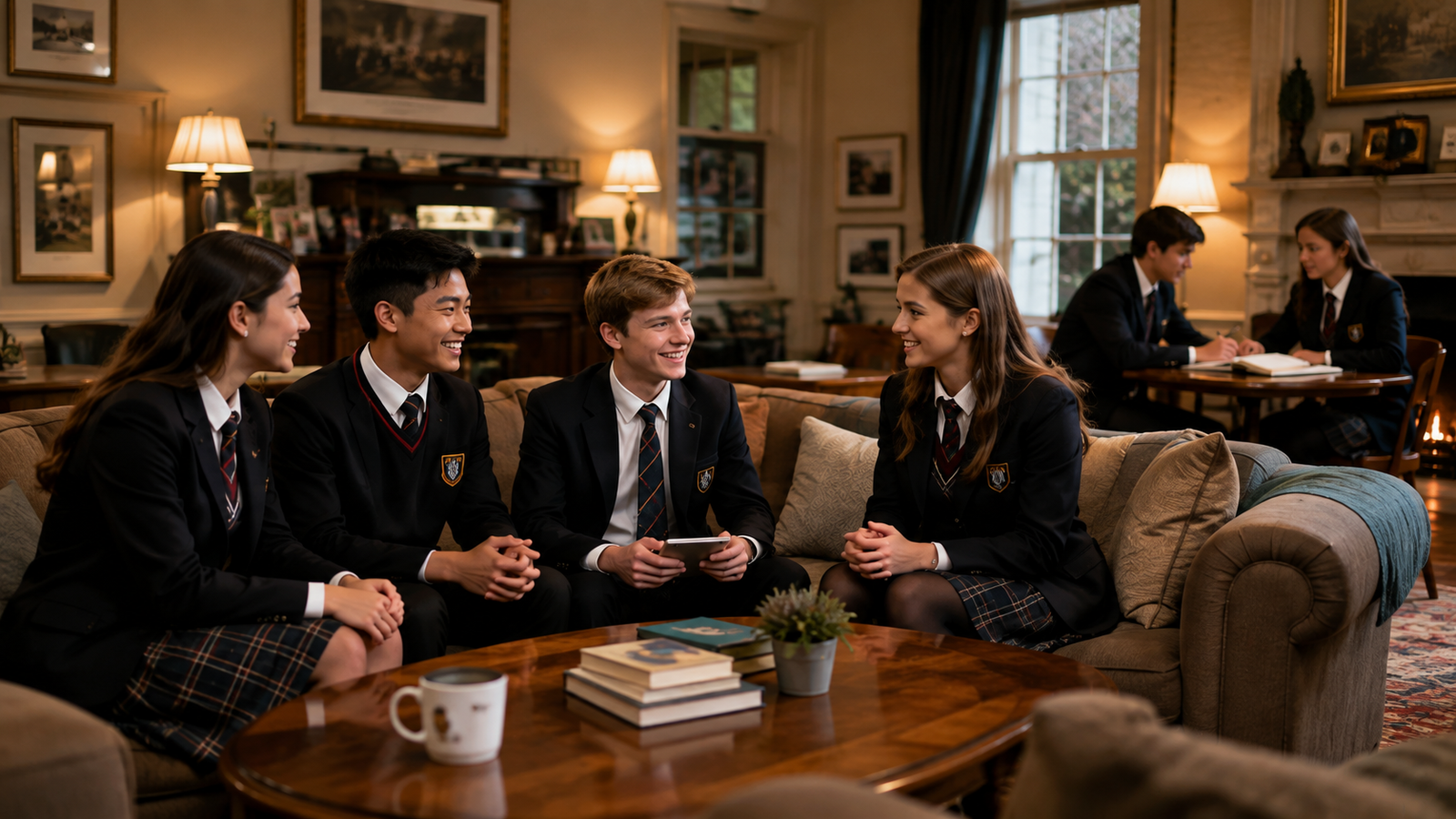 İngiltere boarding school kampüsünde birlikte vakit geçiren lise öğrencileri
